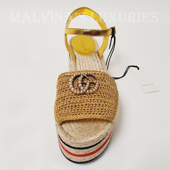 GUCCI SHOES LILIBETH PLATFORM ESPADRILLE SANDALS PEARL G LOGO sz 38.5 US 8.5 - Picture 7 of 13